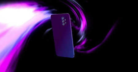Floating phone with purple-to-blue back featuring quad camera in dark render, magenta trails....