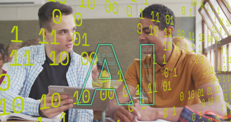 Left student tapping tablet and peer leaning forward, green AI binary overlay highlighting lesson....