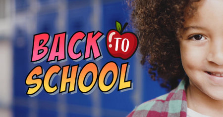 Smiling boy wearing green plaid shirt posing in school hallway, BACK TO SCHOOL graphic, copy space....