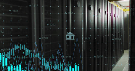 Server racks receiving live data feed, overlaying finance candlesticks and house icon for metrics....