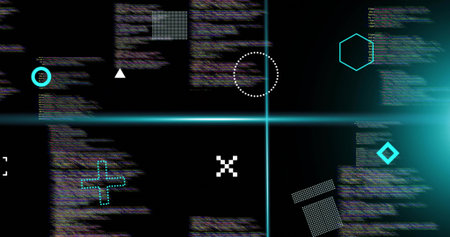 Displaying neon cyan crosshair intersecting at center on black HUD, with blurred multicolored code....