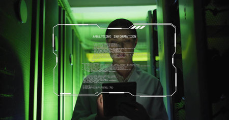 Standing woman in tech coat holding tablet in datacenter aisle between server racks, HUD overlay....