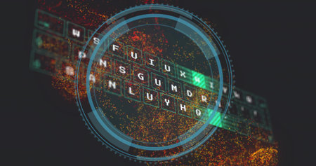 Floating virtual keyboard tilting in dark void, with HUD overlay, green keys, orange sparks. Keys,...