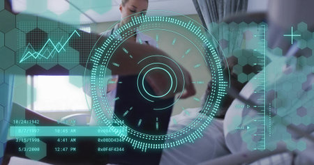 Leaning clinician examining patient wearing hospital gown in hospital bed, with teal HUD overlay....