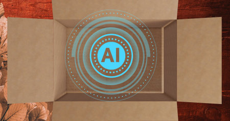 Displaying open cardboard box projecting cyan-blue AI emblem on wooden tabletop, showing leaves....