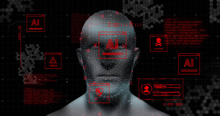 Scanning bare-shouldered 3D humanoid head and torso in cyber console, showing red UI virus warnings....