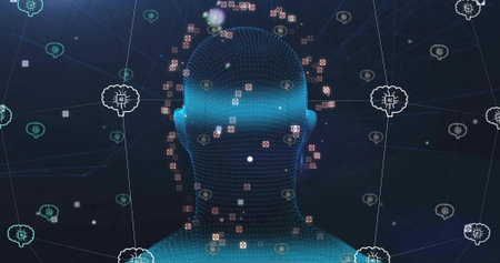 Displaying dotted humanoid head glowing in virtual network, showing chat bubbles and brain icons....