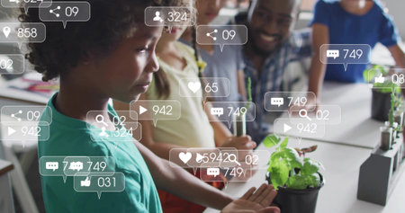 Touching black pot seedling, curly child in teal tee in class with social icons, copy space. Plants,...