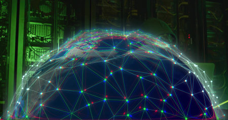 Projecting holographic globe hovering over server racks in data center, showing network nodes....