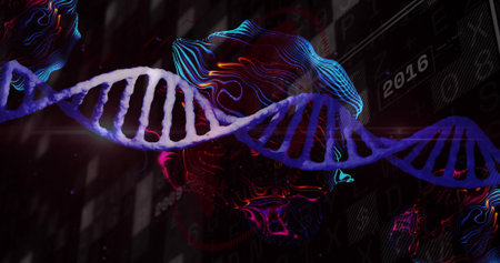 Rendering double helix DNA strand spanning digital data scene, showing neon brain lines 2016. 3d,...