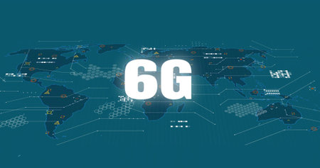 Dominating large glowing 6G typography illuminating world map with data lines, nodes, warning icons....