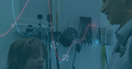 Smiling boy talking to doctor in exam room wearing collared shirt, with stethoscope, copy space....