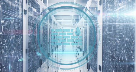 Displaying central aisle of server racks in data center, with firewall HUD and LED indicators. Cyan,...
