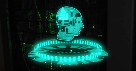 Hovering cyan hologram head showing circuit pattern above circular platform at rack with green LEDs....
