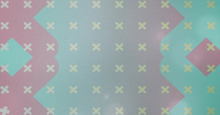Displaying geometric patterned wallpaper with pale yellow Xs and scalloped pink shapes. Grid, motif,...