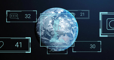 Displaying rendered Earth orbiting deep space, showing grid, triangular marker, HUD panels 09:38....