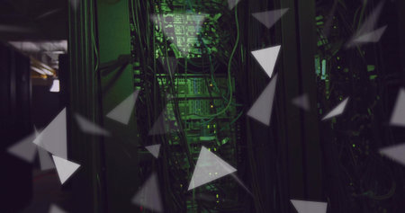 Lighting server rack showing servers or switches, cables, blinking LEDs and triangles in server...