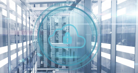 Glowing cloud security icon with padlock hovering over data center aisle, with server racks. Cyber,...