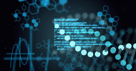 Displaying stylized DNA helix filling right frame on bio dashboard, showing cyan code and hexagons....