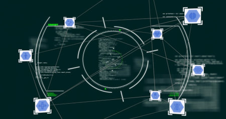 Showing central circular HUD linking white lines on teal UI, with blue hex nodes, blurred code....