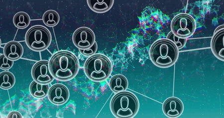 Animation of network of media icons with pink blocks and upward arrow on black