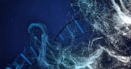 Glowing segmented double-helix drifting on digital blue gradient plane, with cyan particle clouds....
