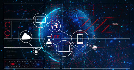 Displaying central wireframe sphere head glowing on network dashboard, showing cloud padlock icons....