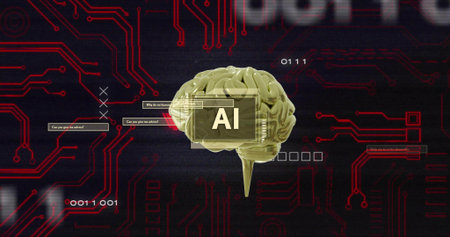 Floating gold 3D brain model hovering over red circuit traces, showing AI label, UI windows. Neural,...