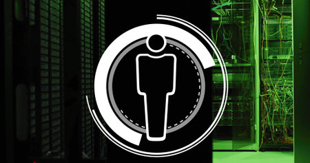 Hovering white HUD graphic showing human silhouette over server room, with open rack and cables....