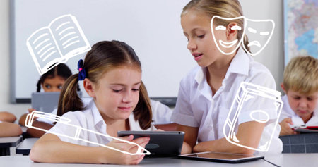 Holding tablets, two students in white shirts leaning over tablet in classroom with laptop, map....