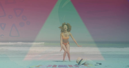 Woman in orange bikini laughing on sandy shoreline, with neon triangle overlay and striped towel....