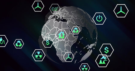 Displaying 3D globe with country outlines on navy backdrop showing floating hex icons recycling CO2....