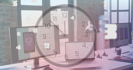 Displaying desk showing laptop spreadsheet, dual monitors with phone UI at office, clock overlay....