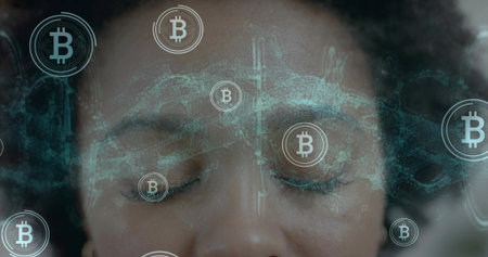 Showing Black woman closing eyes in studio close-up, with teal neural grid and Bitcoin icons....