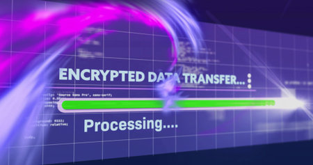 Displaying centered ENCRYPTED DATA TRANSFER header with green progress bar and Processing... on HUD....