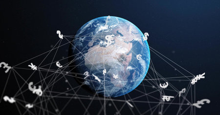 Floating Earth globe showing continents and clouds in space, with thin web linking currency symbols....