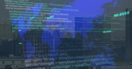 Displaying programming code overlay blending office with urban skyline at dusk, with monitors....