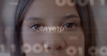 Posing female subject facing camera in interior room, with 'CRYPTO' overlay and glitch artifacts....
