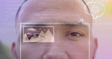 Framing adult male face displaying UI overlays, thumbnail and code text in studio, showing AI icon....