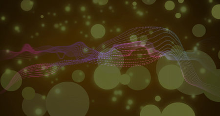Flowing colorful dotted waveform ribbon moving across olive gradient, with green bokeh, particles....