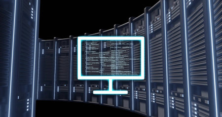 Floating neon monitor outline casting code across data center aisle, with server racks and LEDs....