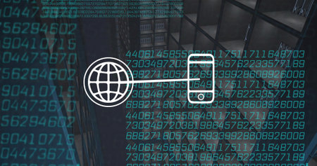 Glowing white globe and phone icons hovering in atrium, with teal numeric overlay and glass panels....