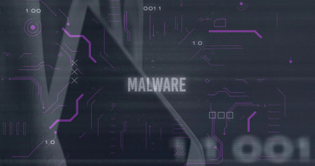Displaying central MALWARE text dominating cyber graphic with violet circuit traces, hood motif....