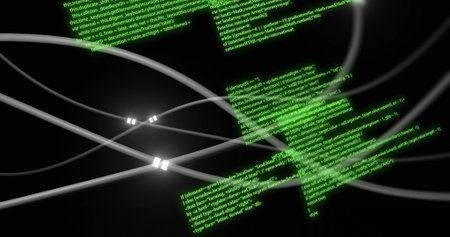 Curving metallic cables overlapping in dark void, emitting white connectors and floating green code....