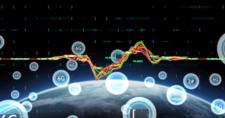 Displaying Earth limb and multicolored waveform moving over low Earth orbit, with 6G bubbles. Space,...