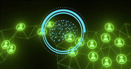 Displaying central blue HUD showing neural brain network in dark network, with neon green nodes. Ai,...