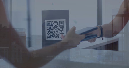 Handing two women in sleeveless and short-sleeve tops exchanging phone at counter, QR stand, band....
