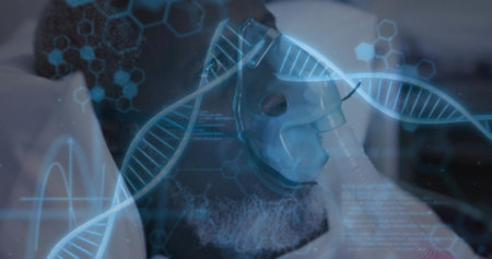Holding mask with hand, man in dark top steadying oxygen tubing in ward with DNA holograms....