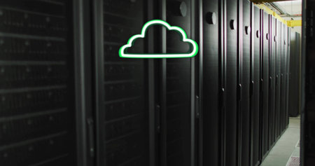 Running black server racks showing vented doors, LEDs and neon cloud icon in data center aisle....