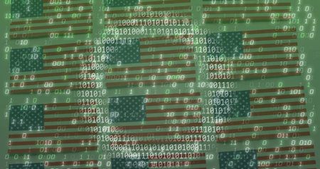 Displaying tiled US flags with floating binary digits and screen grid on monitor, data motif....
